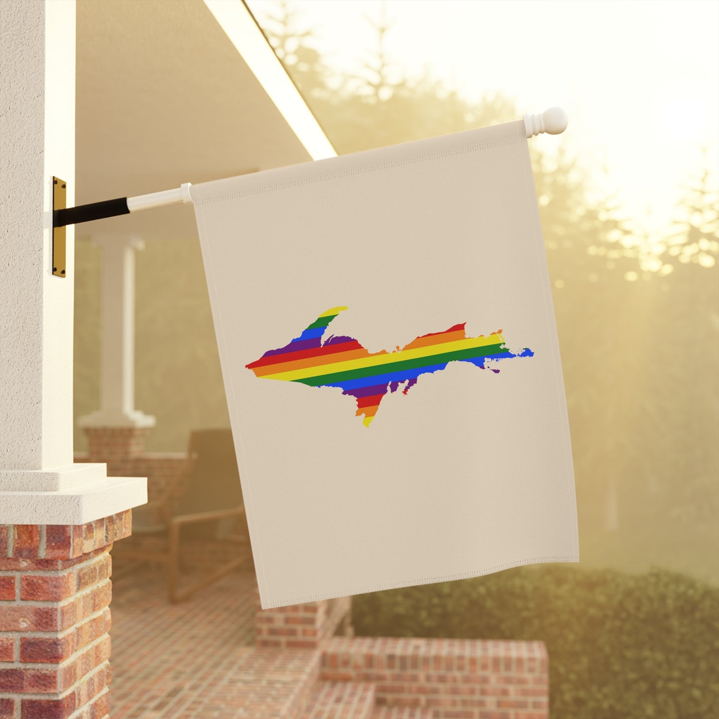 Michigan Upper Peninsula Home & Garden Flag (w/ UP Rainbow Pride Flag) | Champagne White