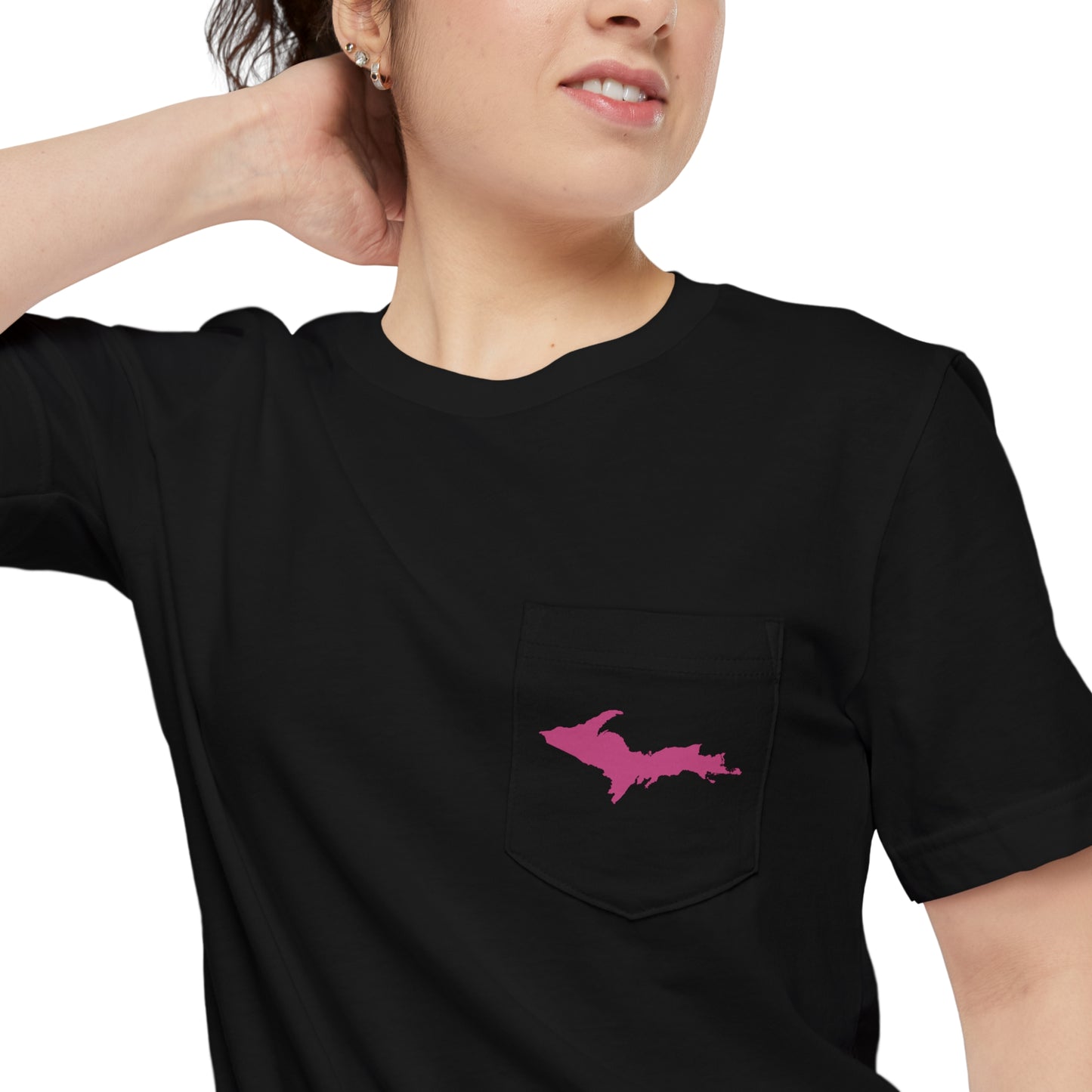 Michigan Upper Peninsula Pocket T-Shirt (w/ Pink UP Outline) | Unisex Standard