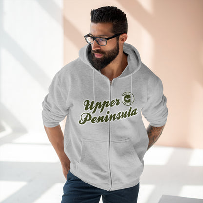 'Upper Peninsula EST 1837' Hoodie (Army Green Script Font) | Unisex Full Zip