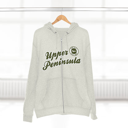 'Upper Peninsula EST 1837' Hoodie (Army Green Script Font) | Unisex Full Zip