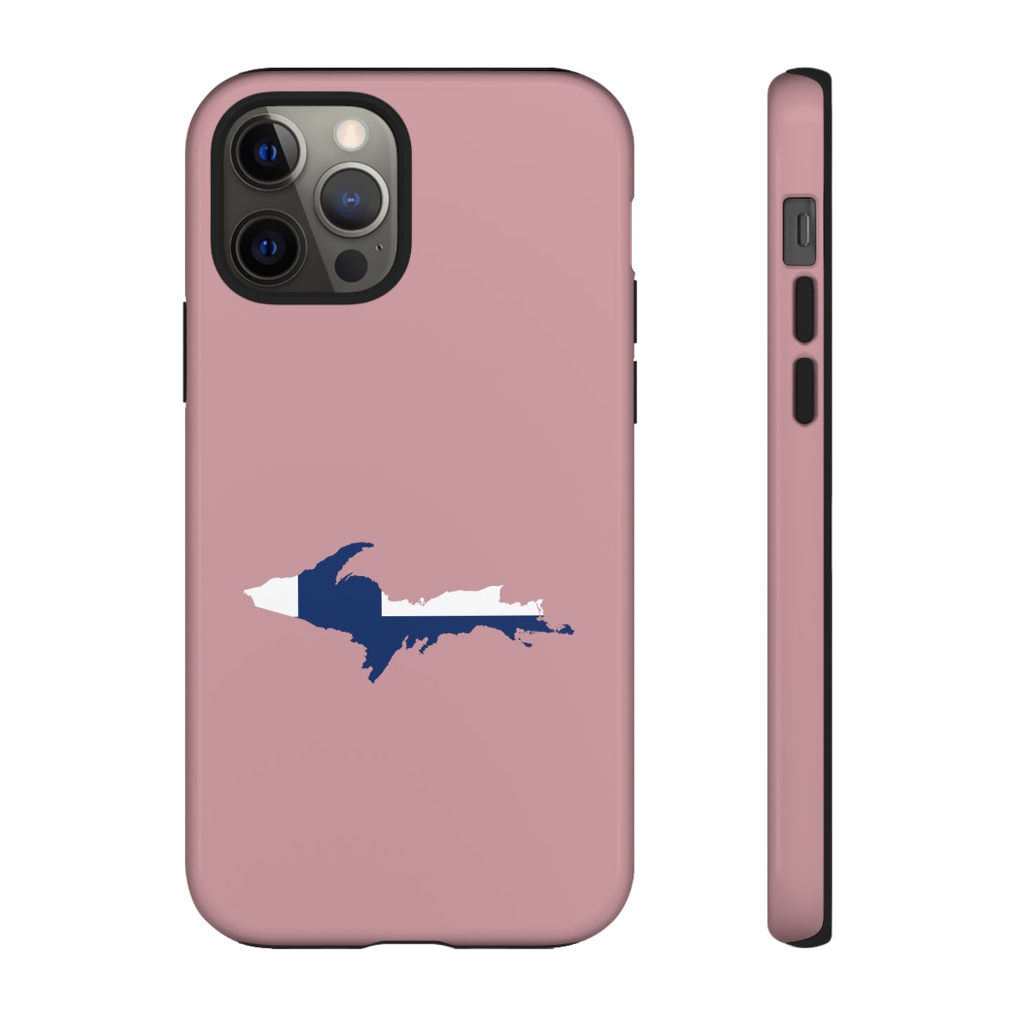 Michigan Upper Peninsula Tough Phone Case (Cherry Blossom Pink w/ UP Finland Flag Outline) | Apple iPhone