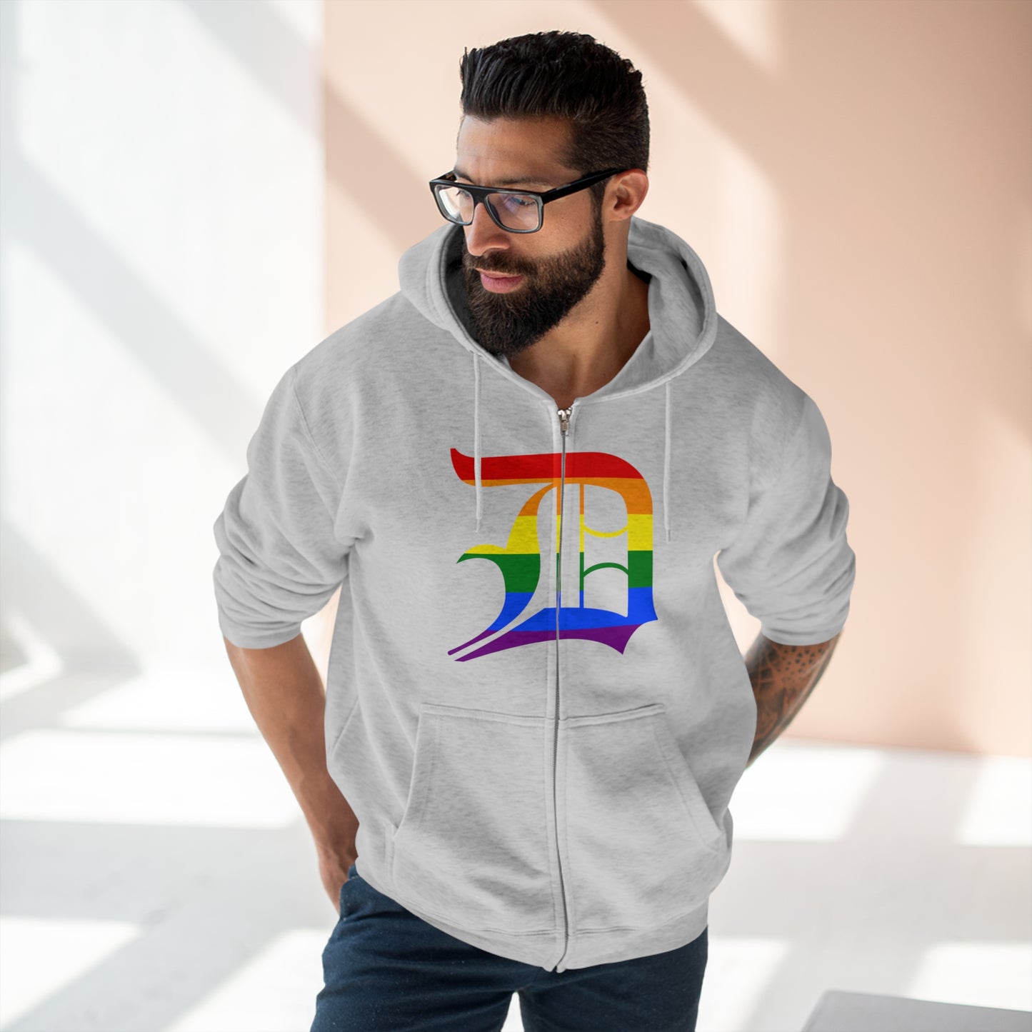 Detroit 'Old English D' Hoodie (Full-Body Rainbow Pride Edition) | Unisex Full Zip