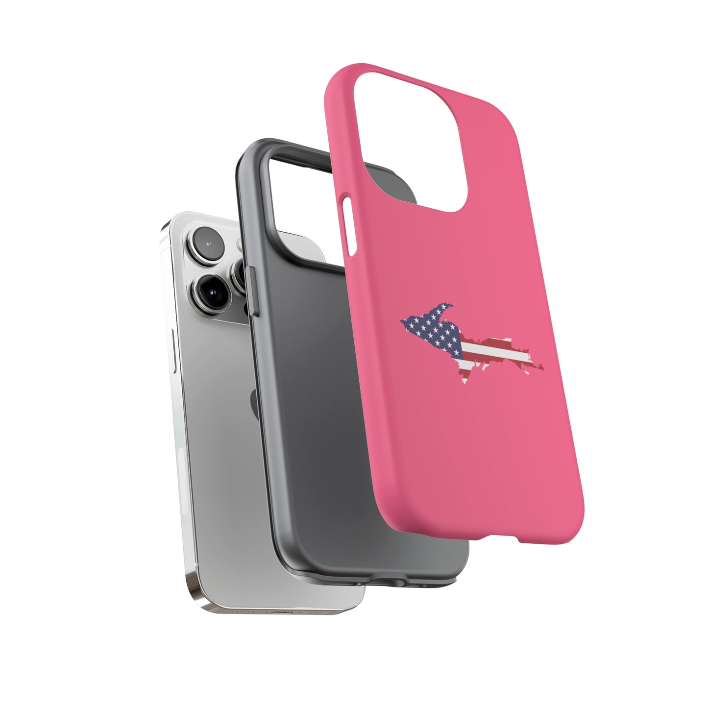 Michigan Upper Peninsula Tough Phone Case (Rhodochrosite Pink w/ UP USA Flag Outline) | Apple iPhone