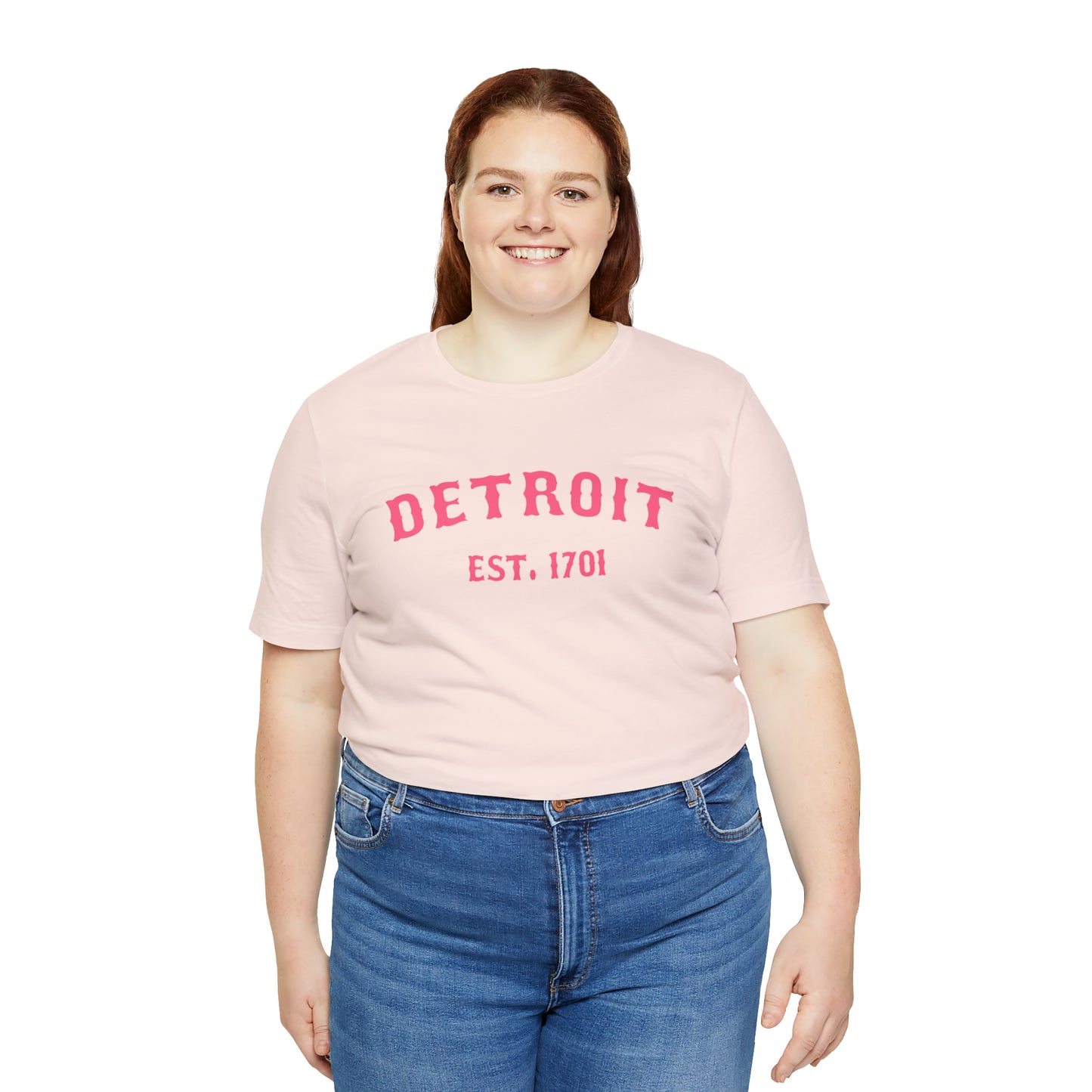 'Detroit EST. 1701' T-Shirt (Rhodochrosite Pink Ballpark Font) | Unisex Standard