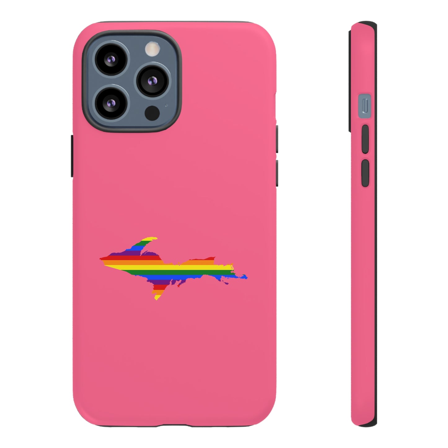 Michigan Upper Peninsula Tough Phone Case (Rhodochrosite Pink w/ UP Pride Flag Outline) | Apple iPhone