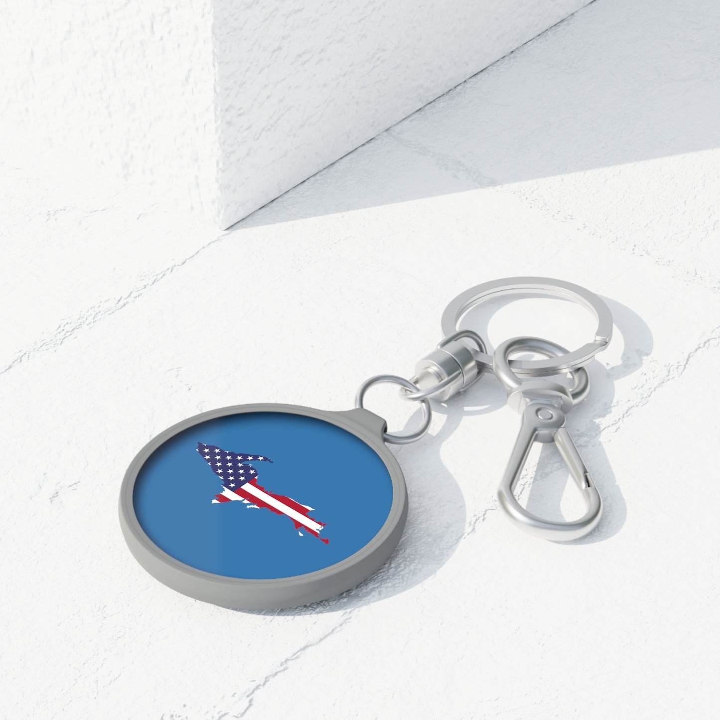 Michigan Upper Peninsula Keyring (w/ UP USA Flag) | Lake Superior Blue