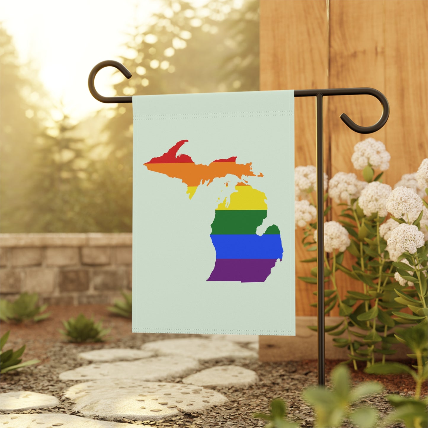 Michigan Rainbow Pride Home & Garden Flag (w/ MI Outline) | Dew Green