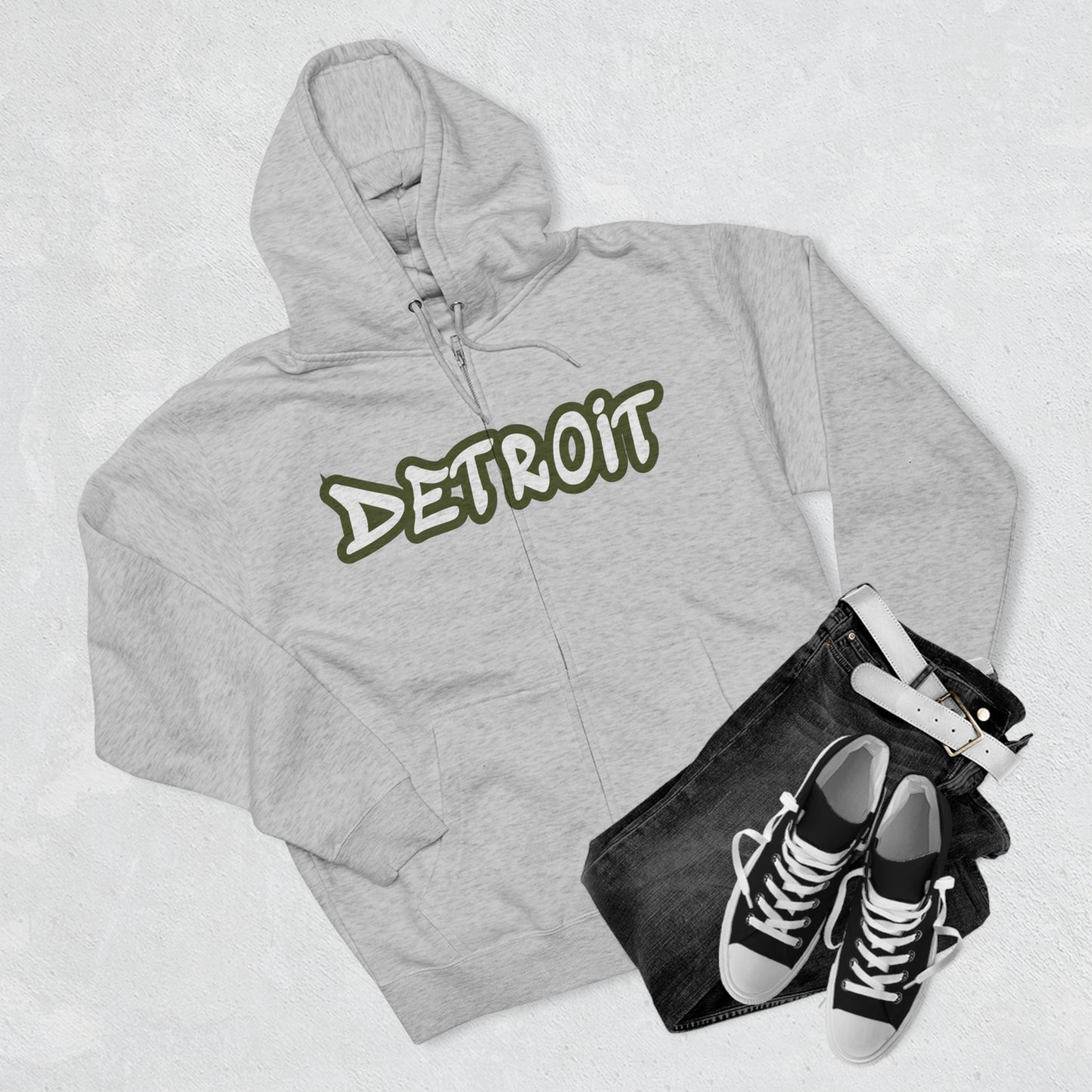 Detroit' Hoodie (Army Green Tag Font) | Unisex Full Zip