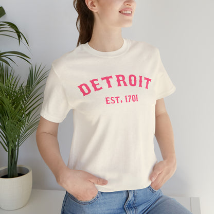 'Detroit EST. 1701' T-Shirt (Rhodochrosite Pink Ballpark Font) | Unisex Standard