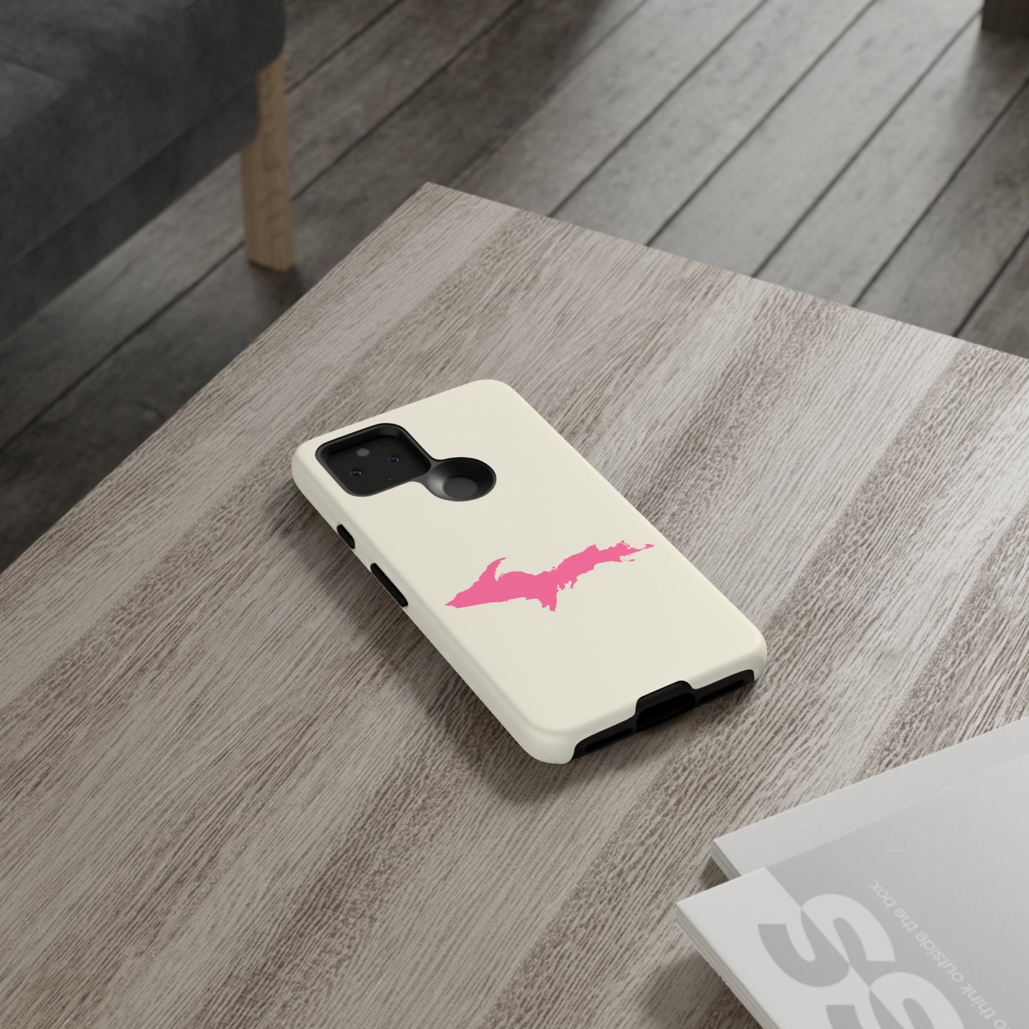 Michigan Upper Peninsula Tough Phone Case (Ivory Color w/ Pink UP Outline) | Samsung & Pixel Android