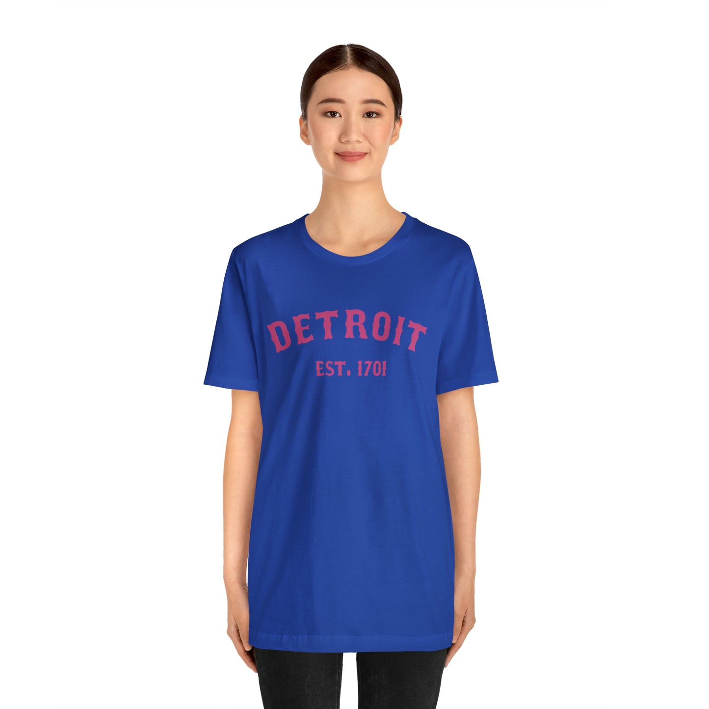 'Detroit EST. 1701' T-Shirt (Apple Blossom Pink Ballpark Font) | Unisex Standard