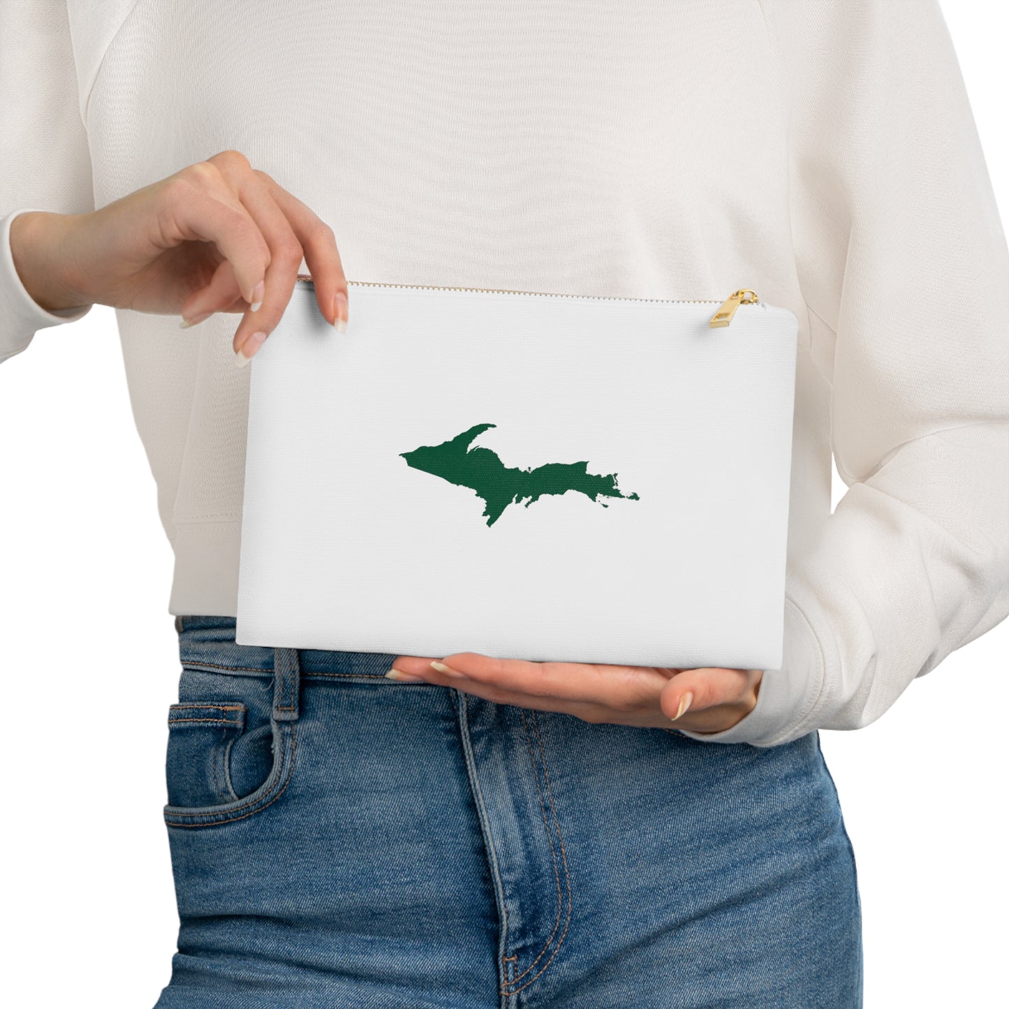 Michigan Upper Peninsula Cosmetic Bag (Green Outline) | Cotton Canvas