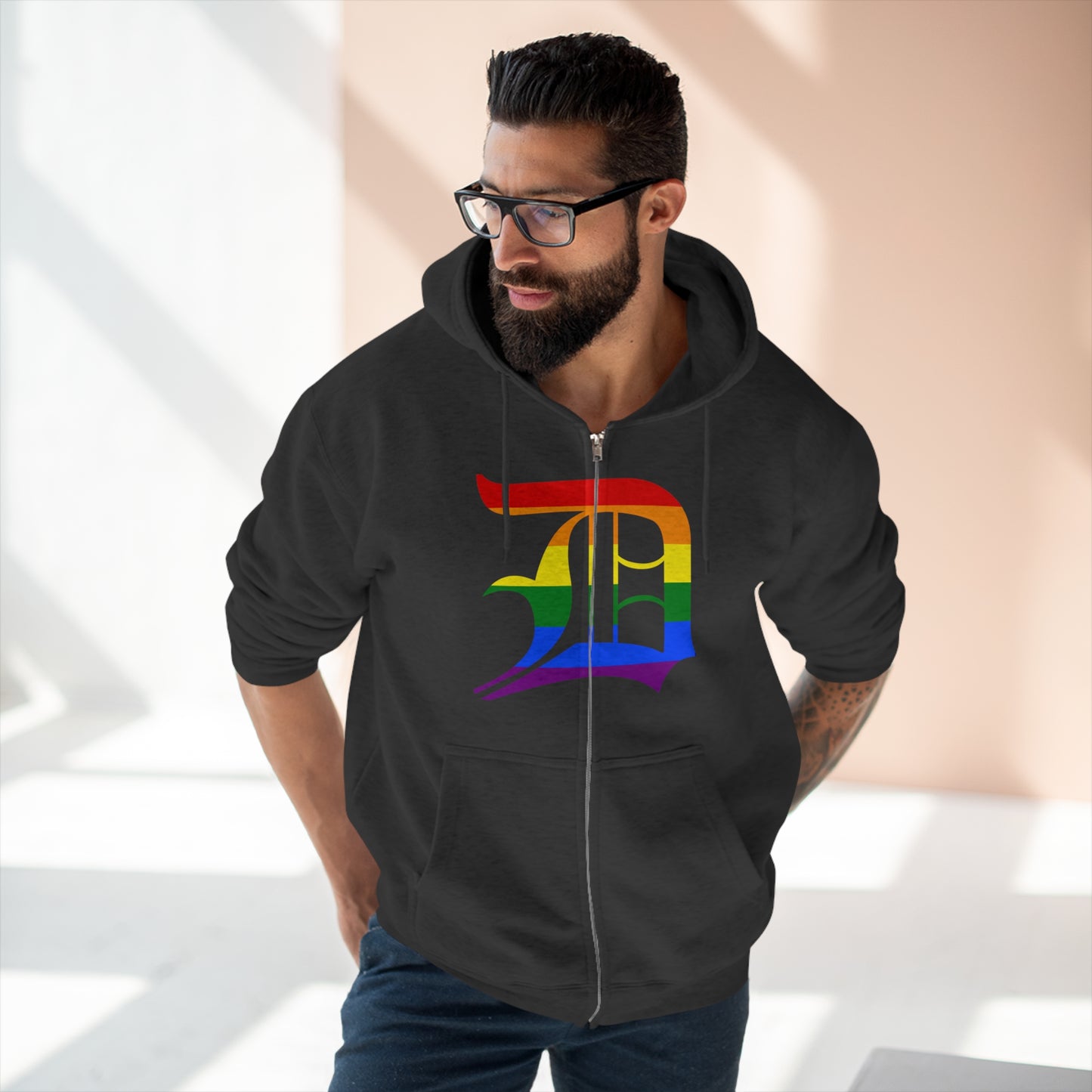 Detroit 'Old English D' Hoodie (Full-Body Rainbow Pride Edition) | Unisex Full Zip