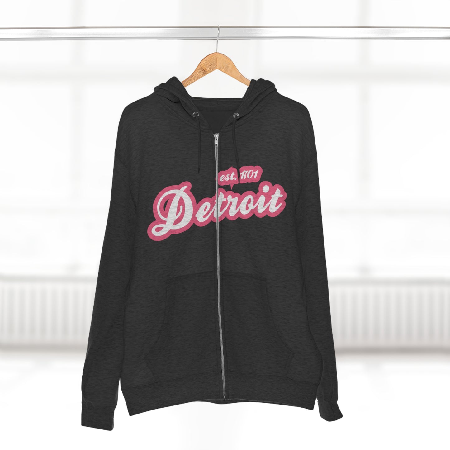 'Detroit EST 1701' Hoodie (Rhodochrosite Pink Script Font) | Unisex Full Zip