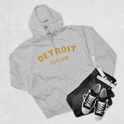 'Detroit EST. 1701' Hoodie (Gold Ballpark Font) | Unisex Full Zip