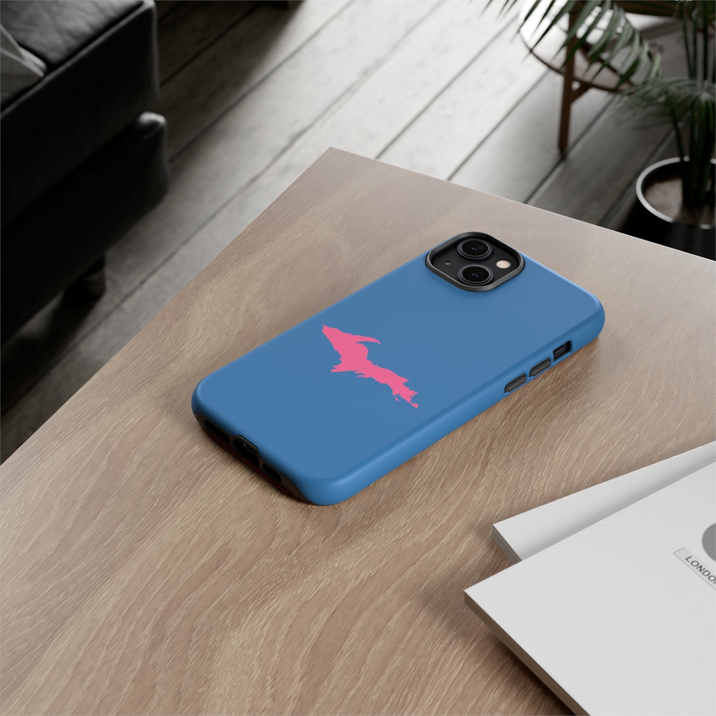 Michigan Upper Peninsula Tough Phone Case (Lake Superior Blue w/ Pink UP Outline) | Apple iPhone