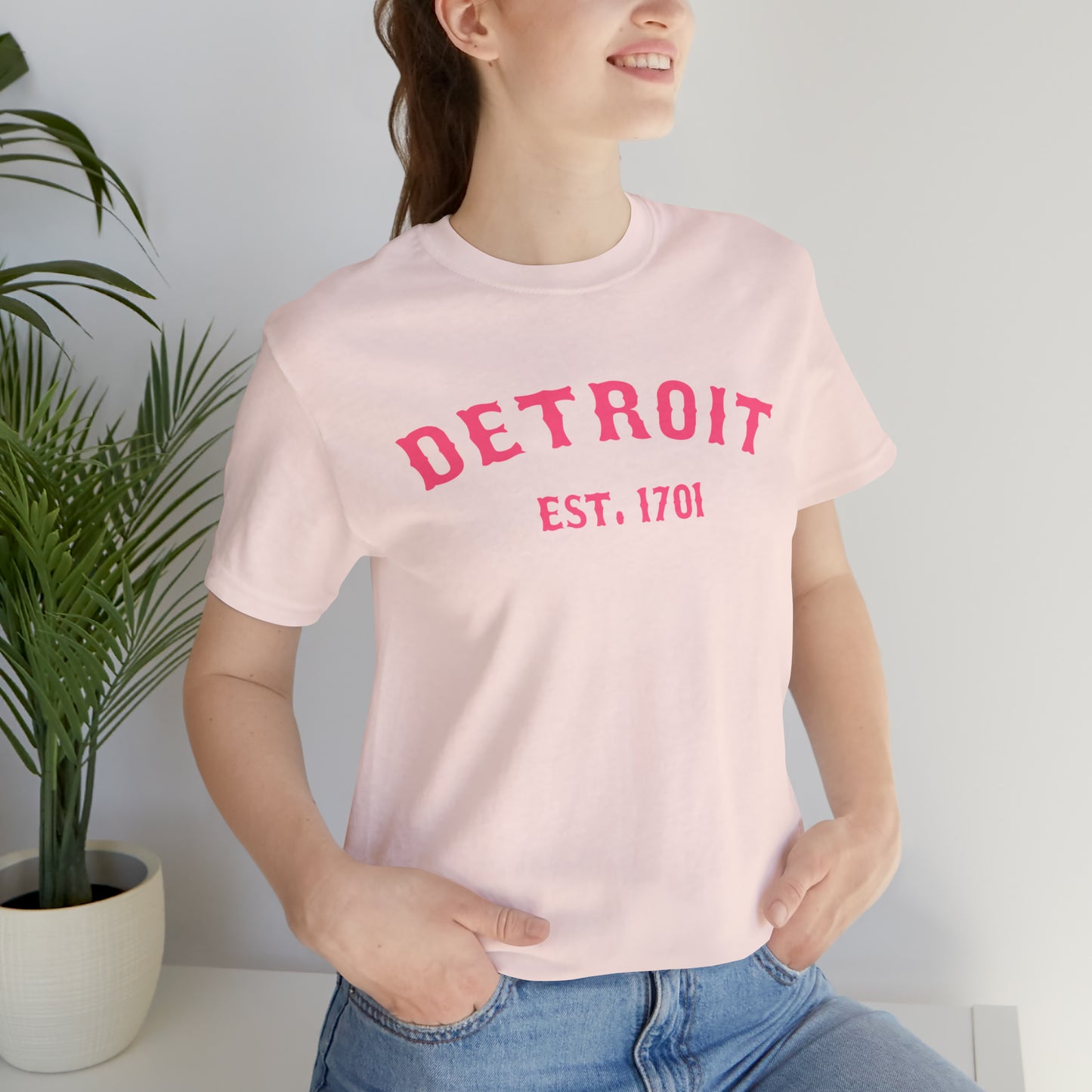 'Detroit EST. 1701' T-Shirt (Rhodochrosite Pink Ballpark Font) | Unisex Standard