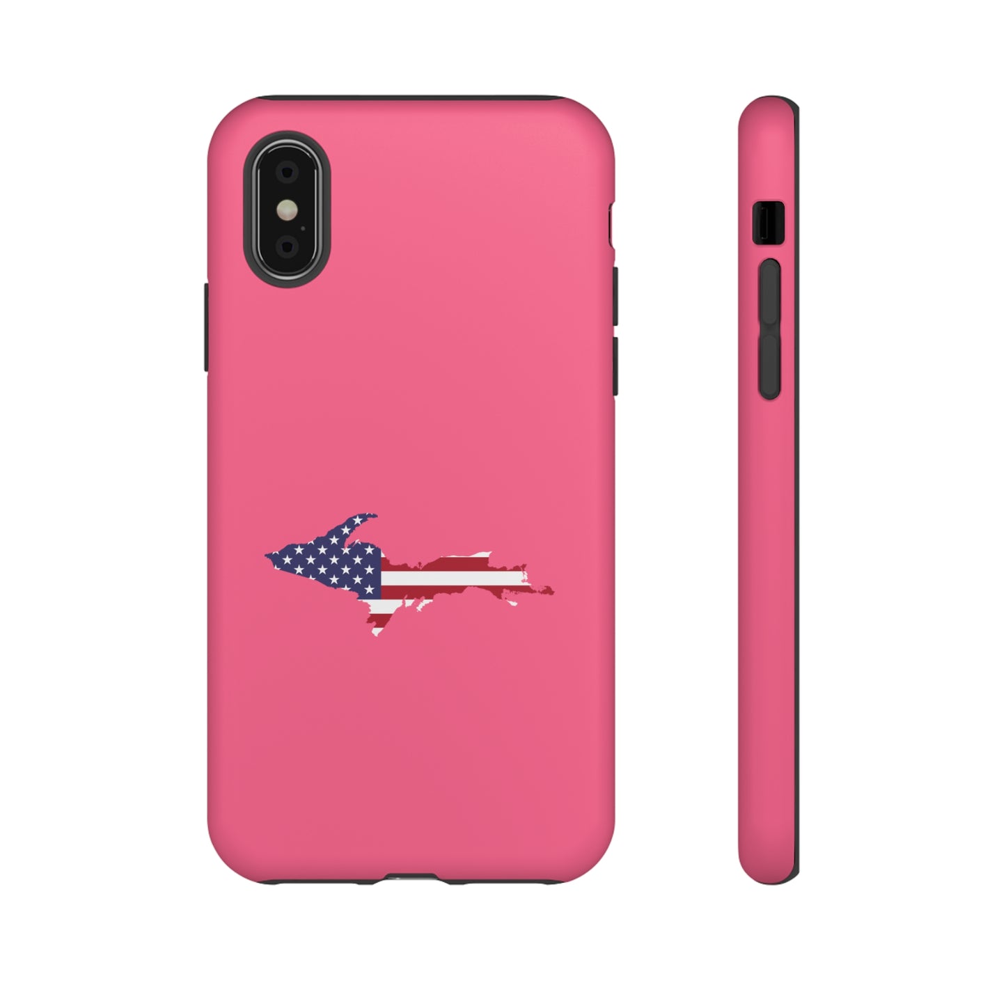 Michigan Upper Peninsula Tough Phone Case (Rhodochrosite Pink w/ UP USA Flag Outline) | Apple iPhone