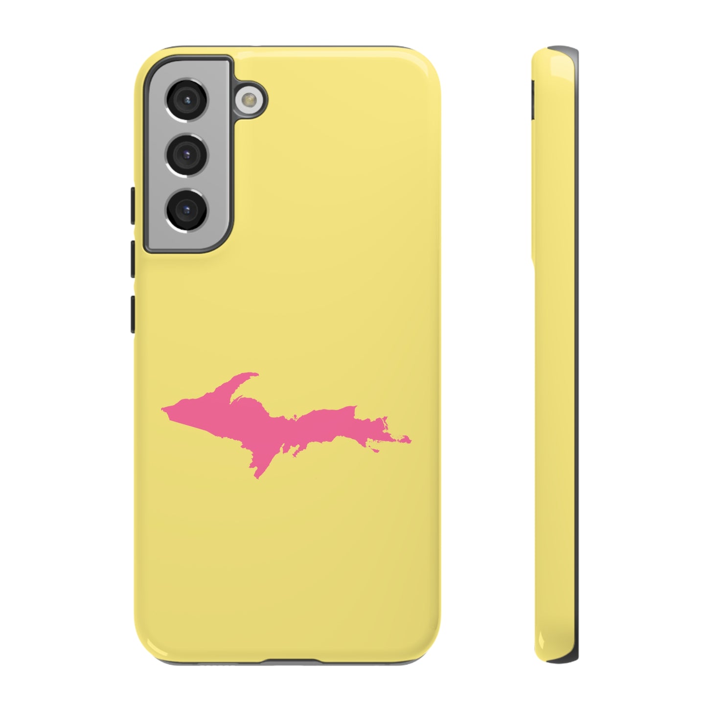 Michigan Upper Peninsula Tough Phone Case (Yellow Cherry Color w/ Pink UP Outline) | Samsung & Pixel Android