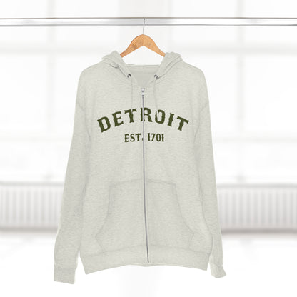 'Detroit EST. 1701' Hoodie (Army Green Ballpark Font) | Unisex Full Zip