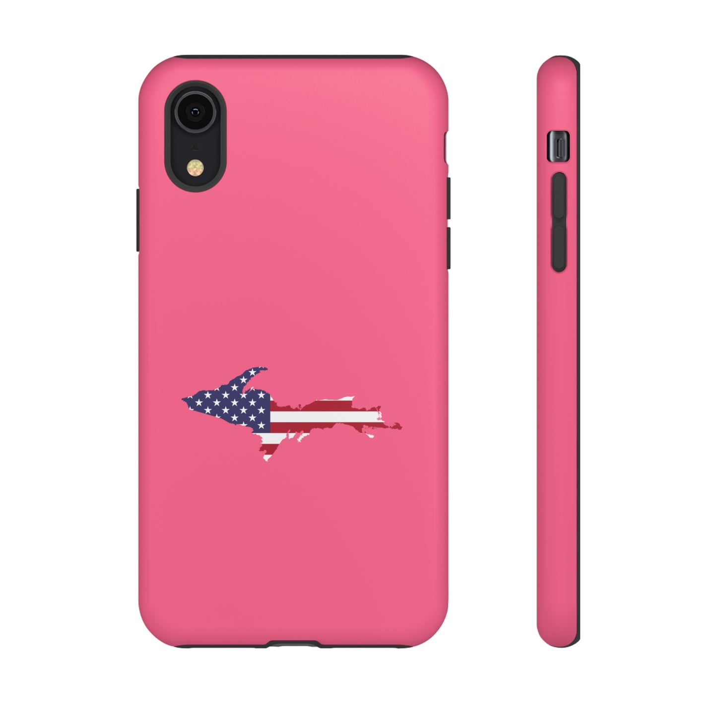 Michigan Upper Peninsula Tough Phone Case (Rhodochrosite Pink w/ UP USA Flag Outline) | Apple iPhone