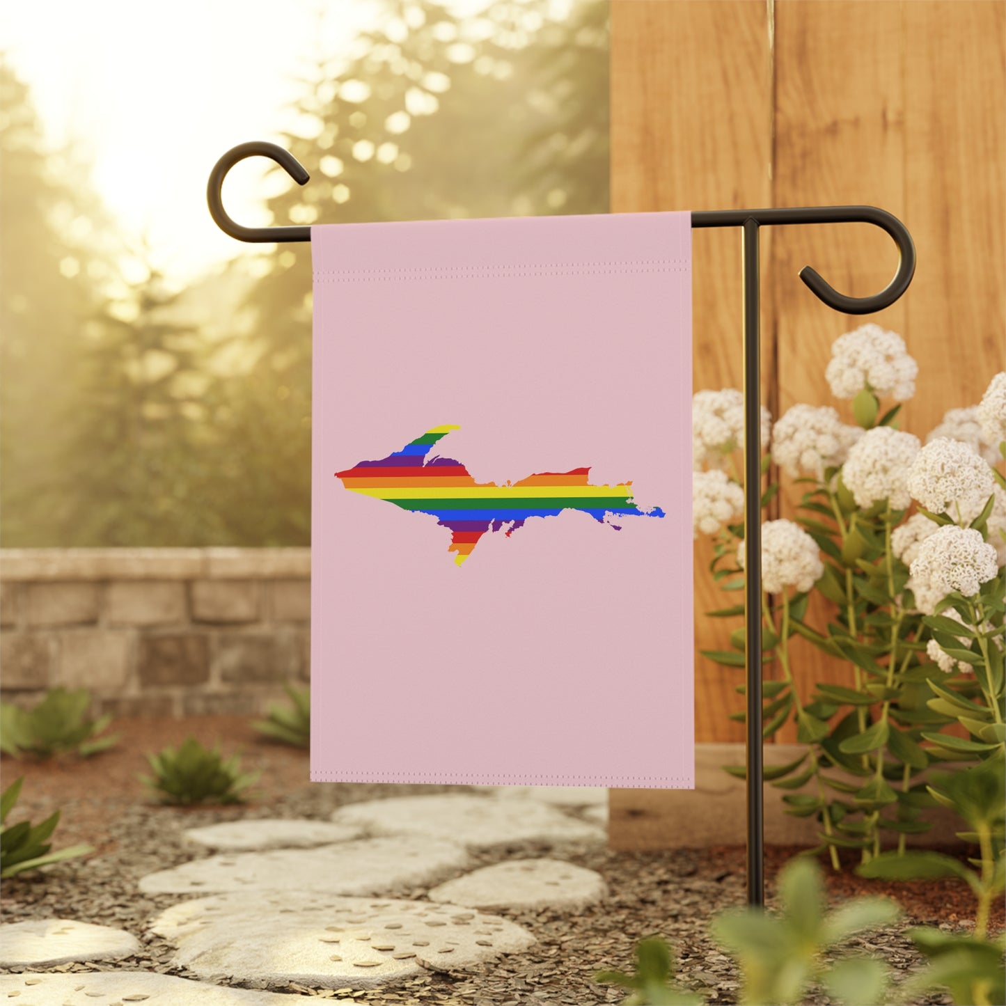 Michigan Upper Peninsula Home & Garden Flag (w/ UP Rainbow Pride Flag) | Pale Pink