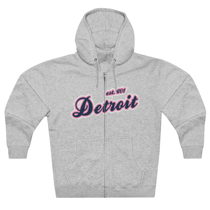 'Detroit EST 1701' Hoodie (Navy/Pink Script Font) | Unisex Full Zip