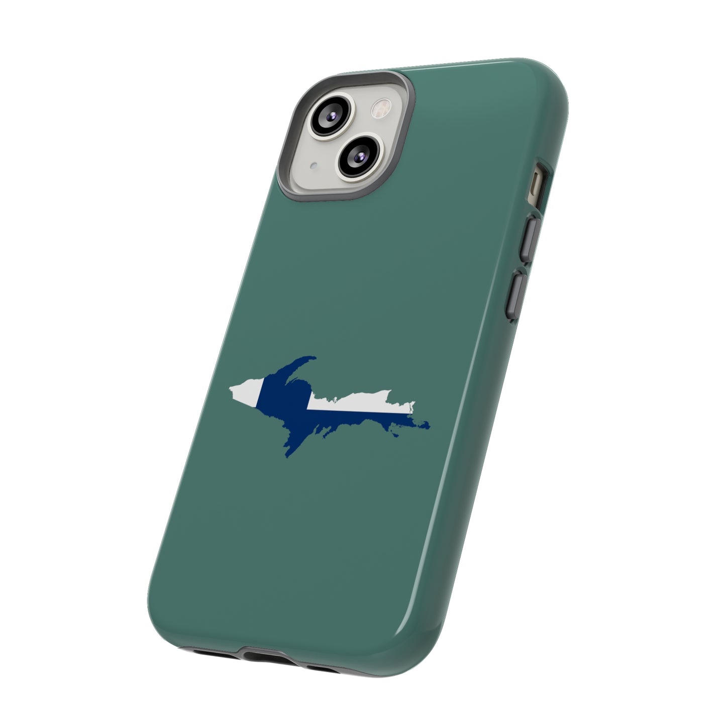 Michigan Upper Peninsula Tough Phone Case (Copper Green w/ UP Finland Flag Outline) | Apple iPhone