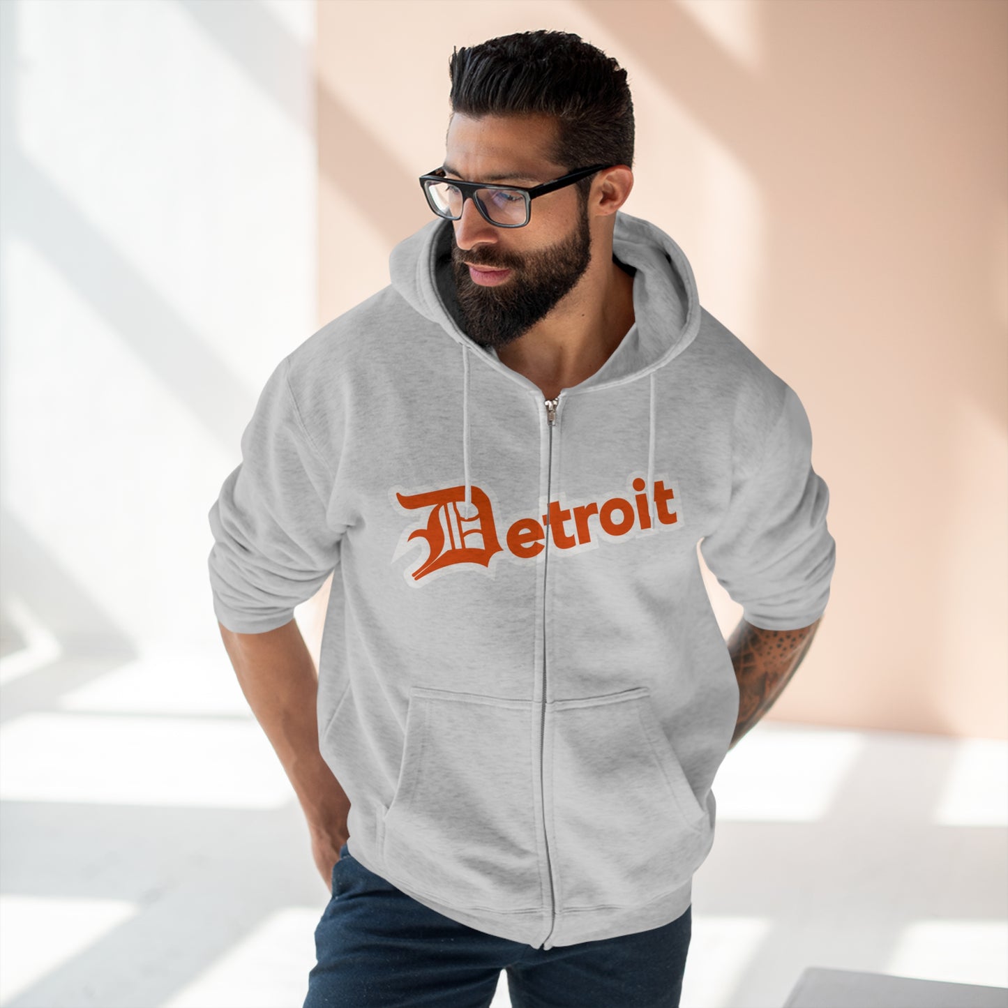 'Detroit' Hoodie (Maple Leaf Orange w/ Old English 'D') | Unisex Full Zip