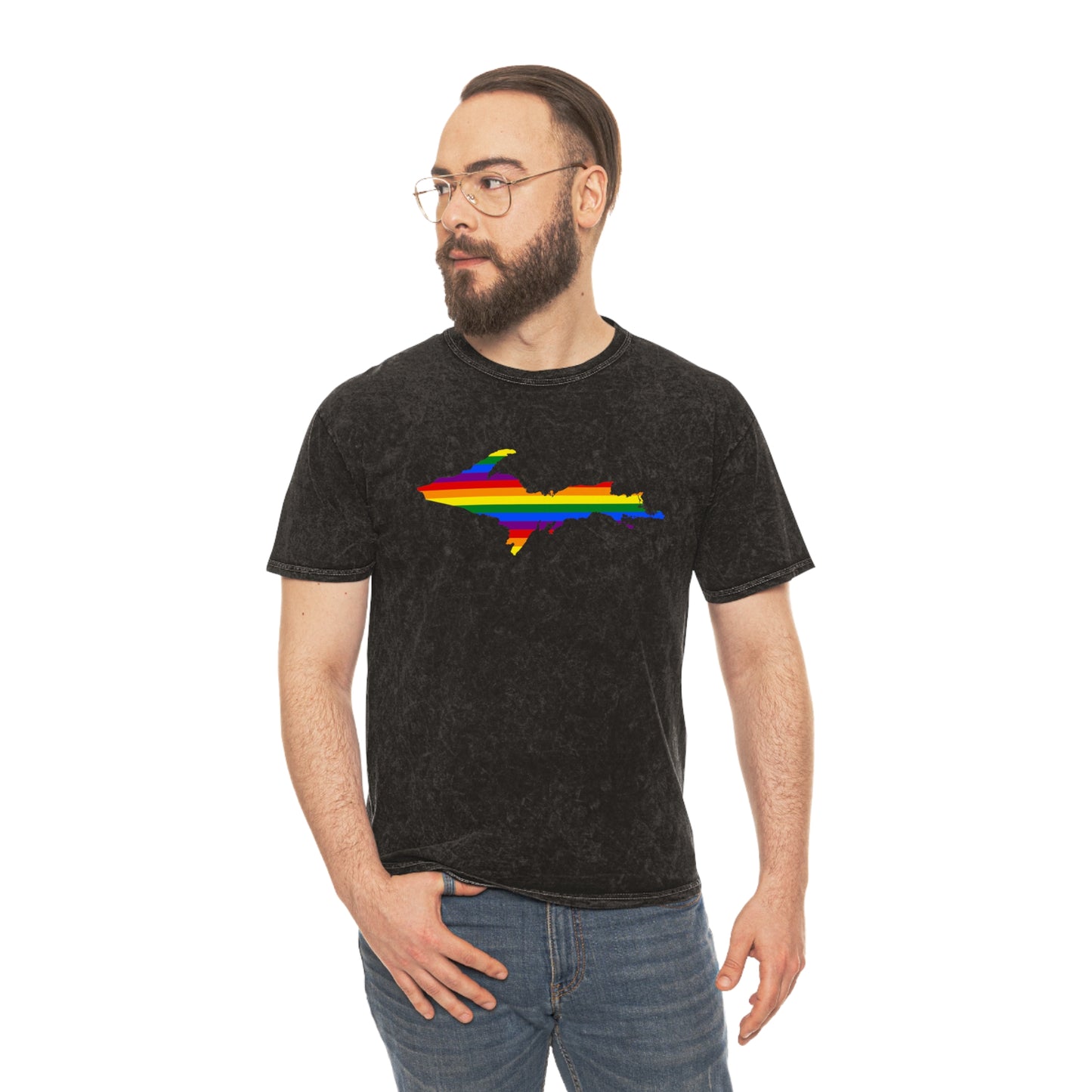 Michigan Upper Peninsula T-Shirt (w/ UP Rainbow Pride Flag) | Unisex Mineral Wash