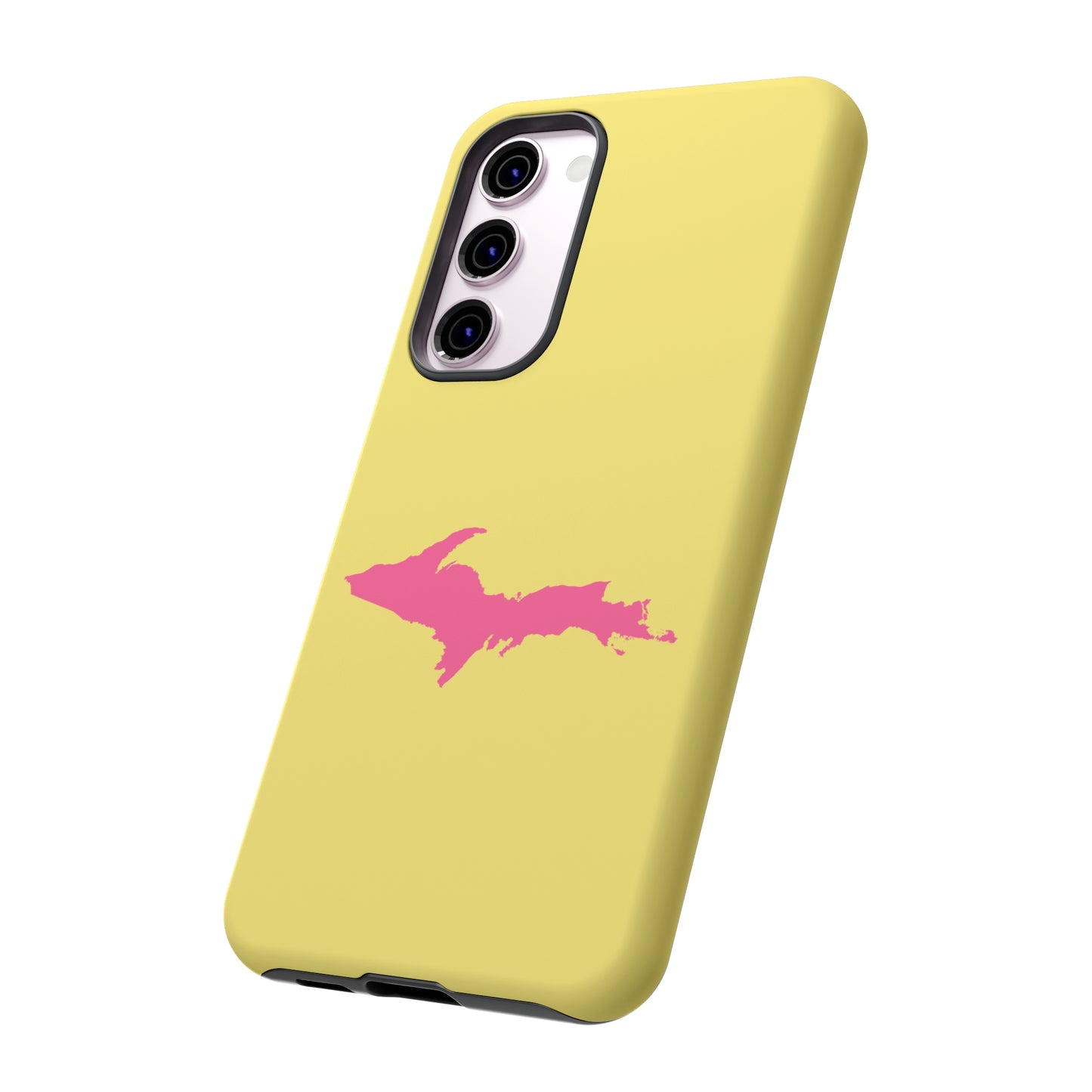 Michigan Upper Peninsula Tough Phone Case (Yellow Cherry Color w/ Pink UP Outline) | Samsung & Pixel Android