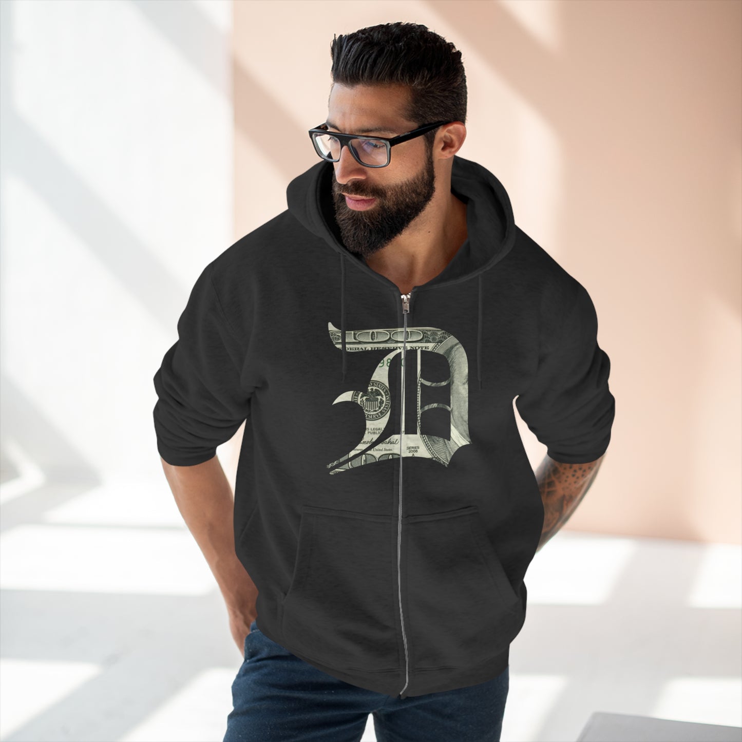 Detroit 'Old English D' Hoodie (Full-Body Benjamins Edition) | Unisex Full Zip