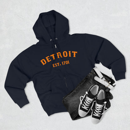 'Detroit EST. 1701' Hoodie (Orange Ballpark Font) | Unisex Full Zip