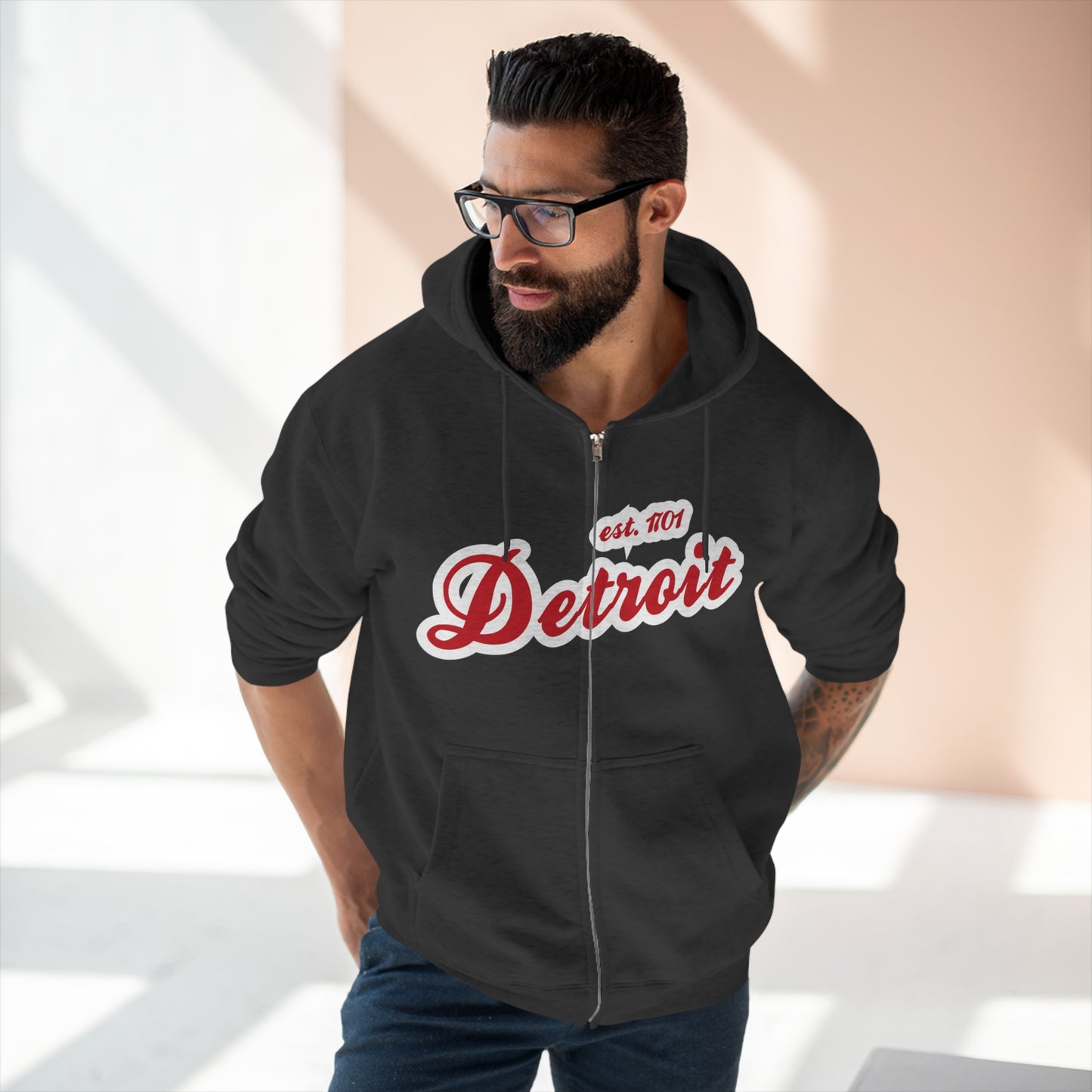 'Detroit EST 1701' Hoodie (Aliform Red Script Font) | Unisex Full Zip