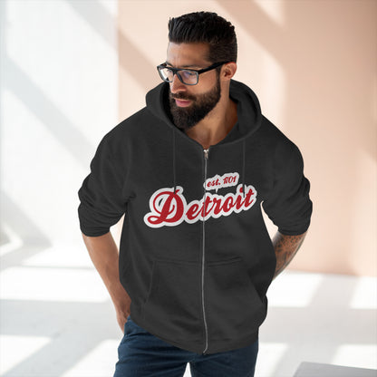 'Detroit EST 1701' Hoodie (Aliform Red Script Font) | Unisex Full Zip