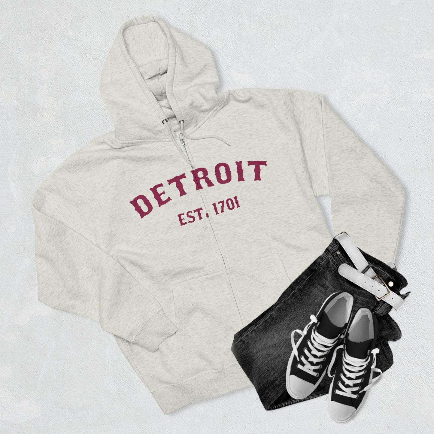 'Detroit EST. 1701' Hoodie (Ruby Red Ballpark Font) | Unisex Full Zip