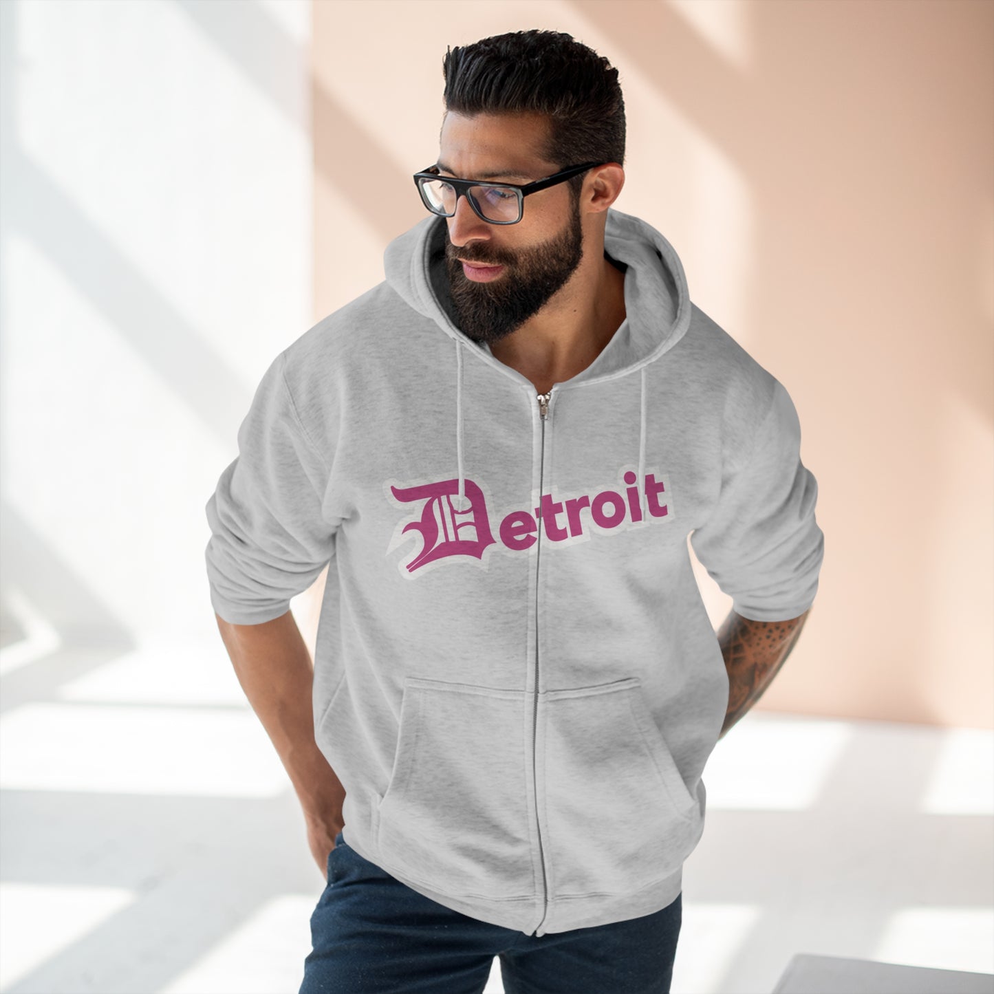 'Detroit' Hoodie (Apple Blossom Pink w/ Old English 'D') | Unisex Full Zip