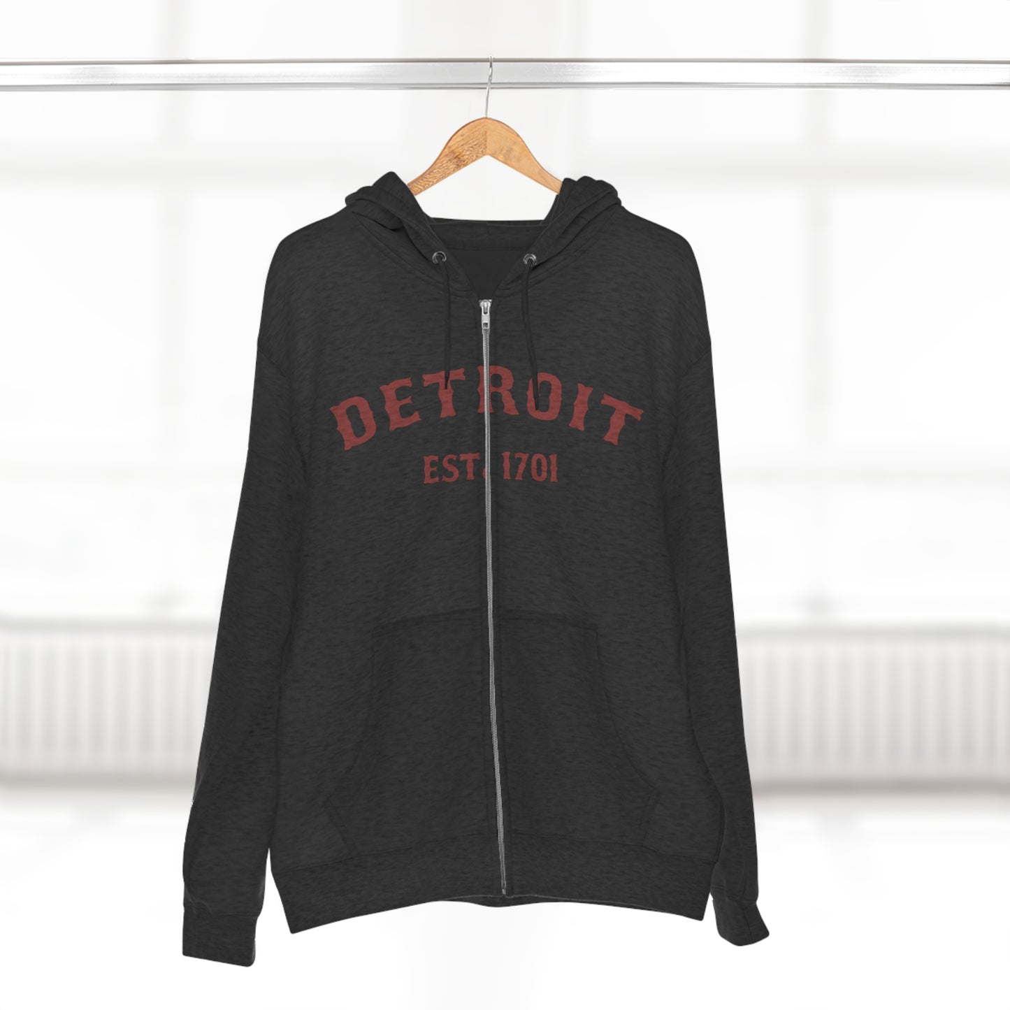 'Detroit EST. 1701' Hoodie (Ore Dock Red Ballpark Font) | Unisex Full Zip