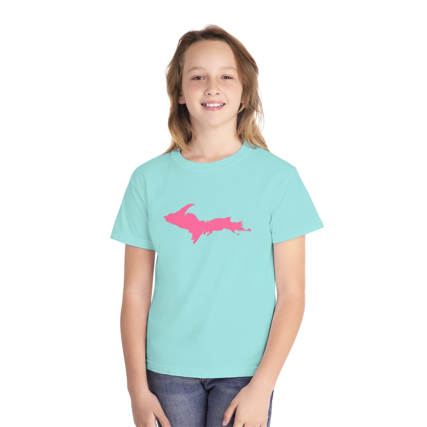 Michigan Upper Peninsula T-Shirt (w/ Pink UP Outline) | Youth Garment-Dyed