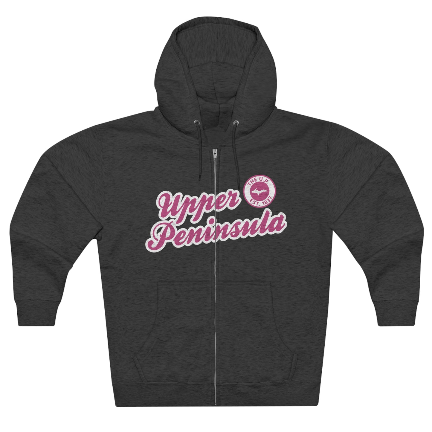 'Upper Peninsula EST 1837' Hoodie (Apple Blossom Pink Script Font) | Unisex Full Zip