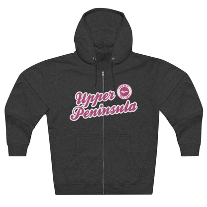 'Upper Peninsula EST 1837' Hoodie (Apple Blossom Pink Script Font) | Unisex Full Zip