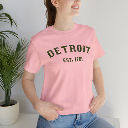 'Detroit EST. 1701' T-Shirt (Army Green Ballpark Font) | Unisex Standard