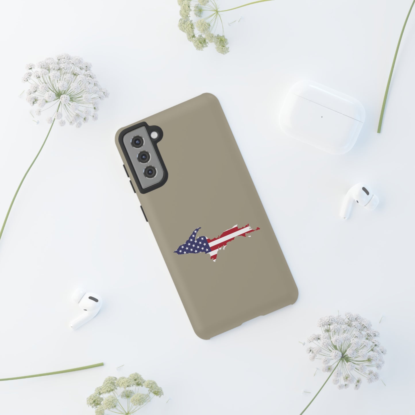 Michigan Upper Peninsula Tough Phone Case (Petoskey Stone Beige w/ UP USA Flag Outline) | Samsung & Pixel Android