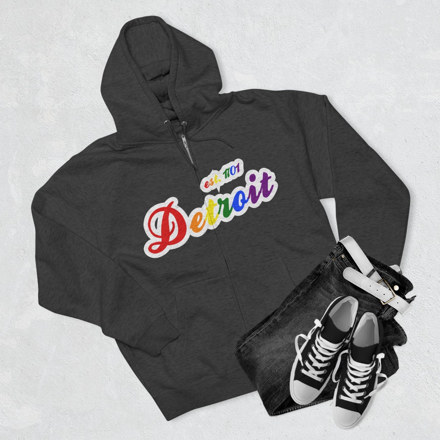 'Detroit EST 1701' Hoodie (Rainbow Pride Script Font) | Unisex Full Zip