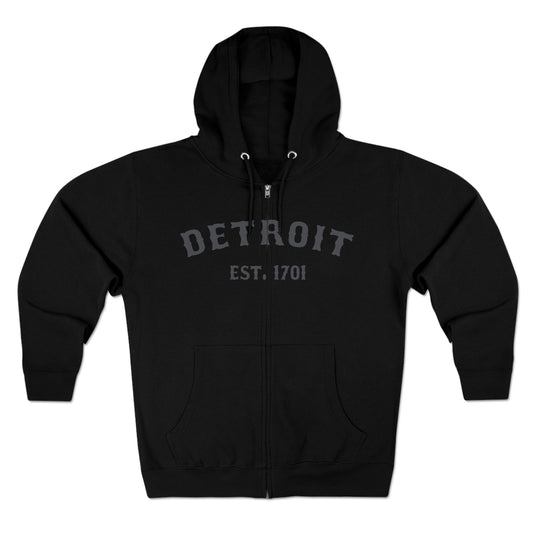 'Detroit EST. 1701' Hoodie (Iron Ore Grey Ballpark Font) | Unisex Full Zip