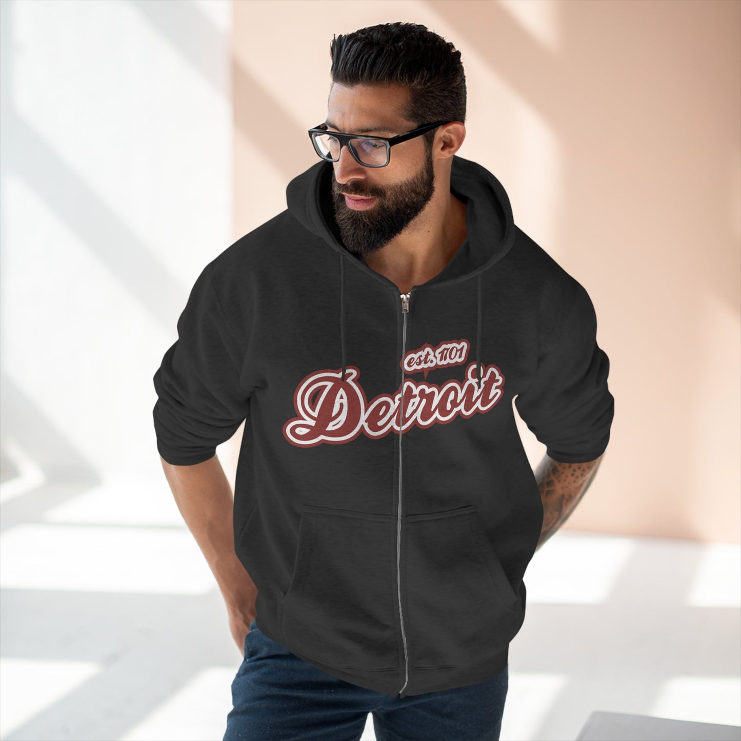 'Detroit EST 1701' Hoodie (Ore Dock Red Script Font) | Unisex Full Zip