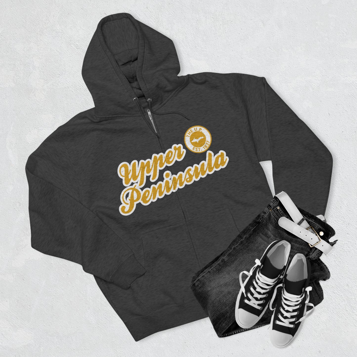 Upper Peninsula EST 1837' Hoodie (Gold Script Font) | Unisex Full Zip