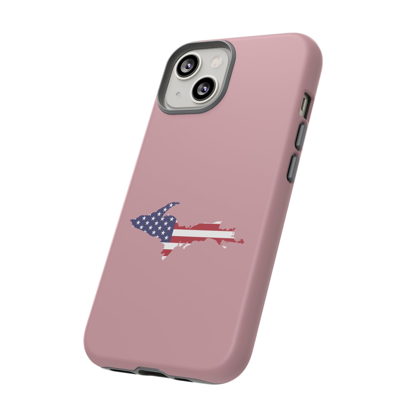 Michigan Upper Peninsula Tough Phone Case (Cherry Blossom Pink w/ UP USA Flag Outline) | Apple iPhone