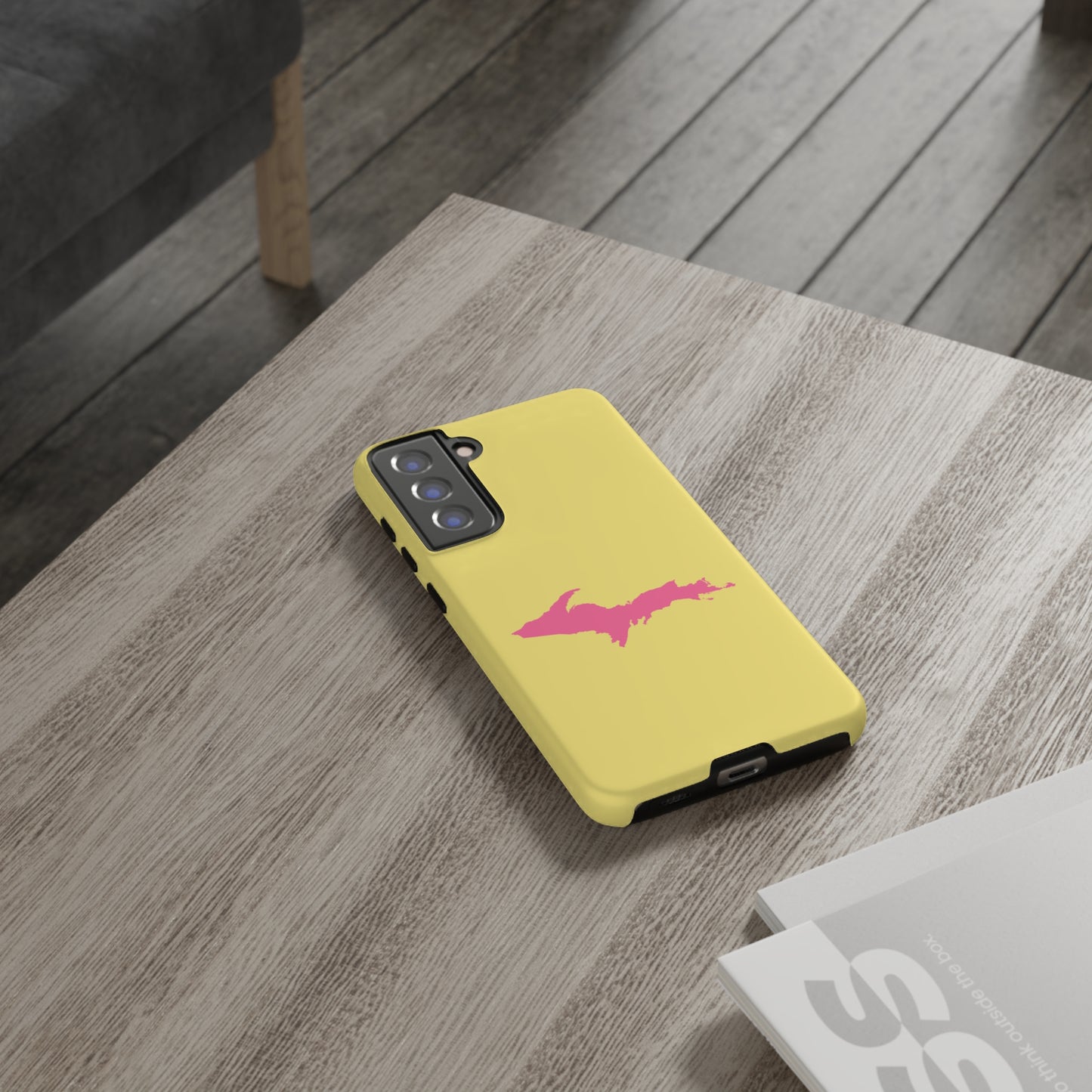 Michigan Upper Peninsula Tough Phone Case (Yellow Cherry Color w/ Pink UP Outline) | Samsung & Pixel Android