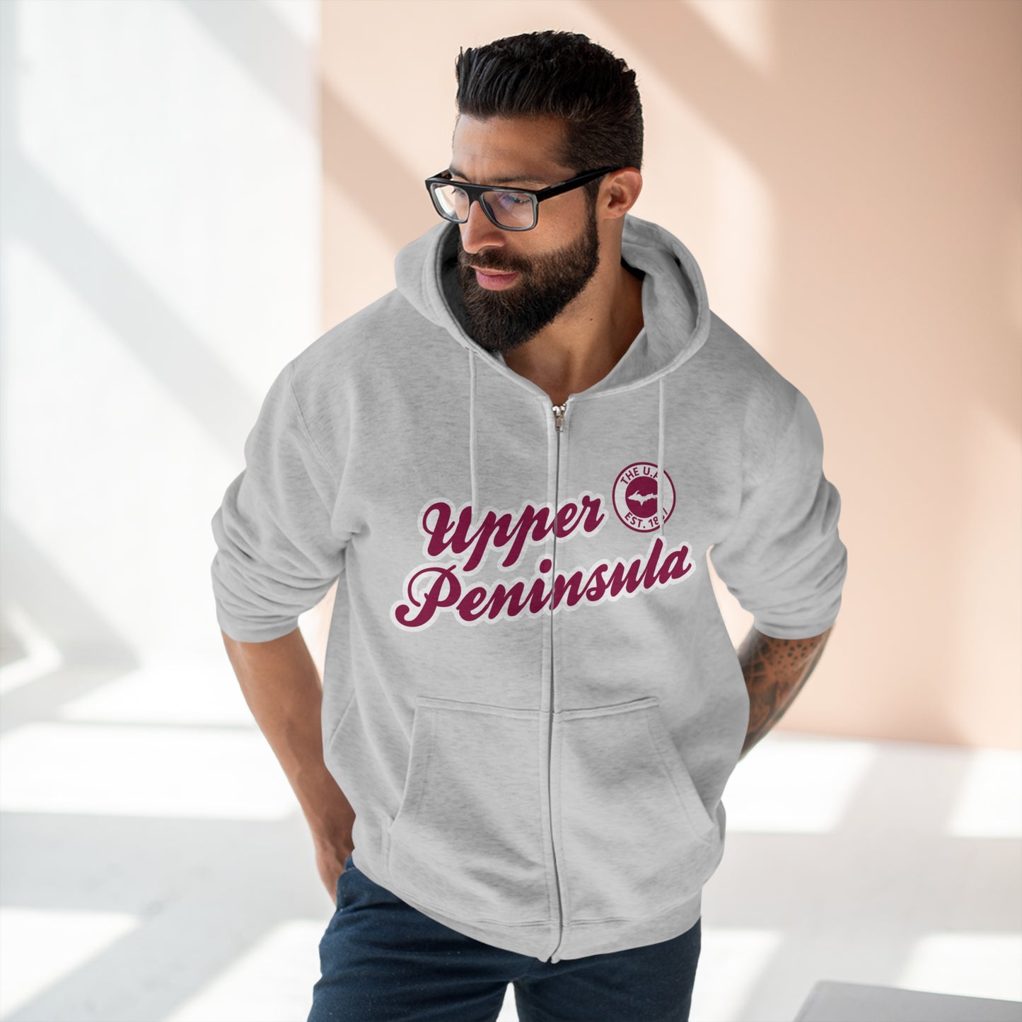 Upper Peninsula EST 1837' Hoodie (Ruby Red Script Font) | Unisex Full Zip